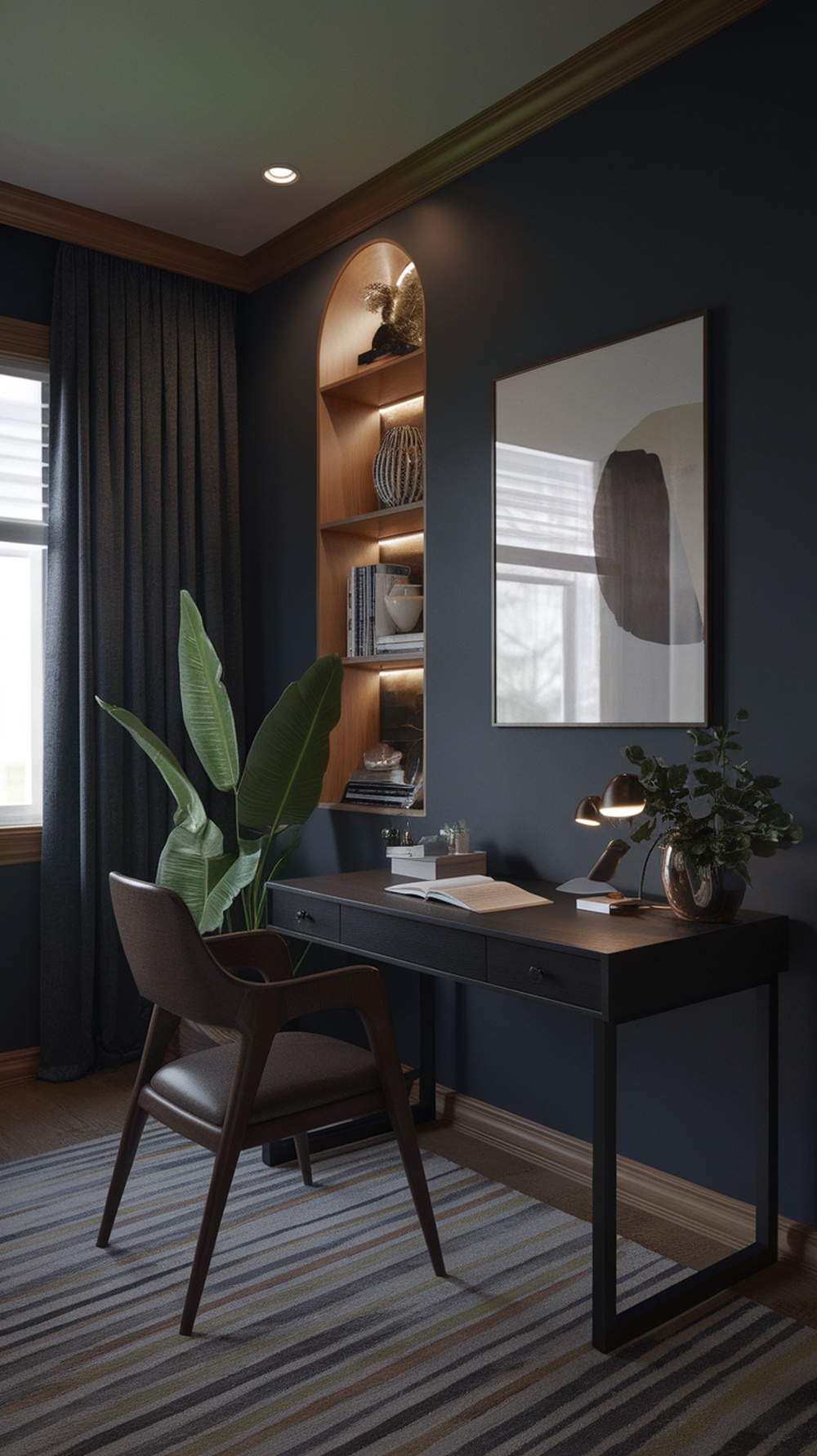 A stylish home office featuring deep navy walls, wooden shelving, a desk, and a large plant.