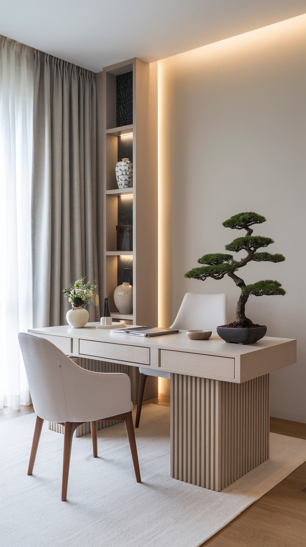 A modern and minimalist home office setup featuring a sleek desk, a comfortable chair, a small bonsai tree, and stylish decor.