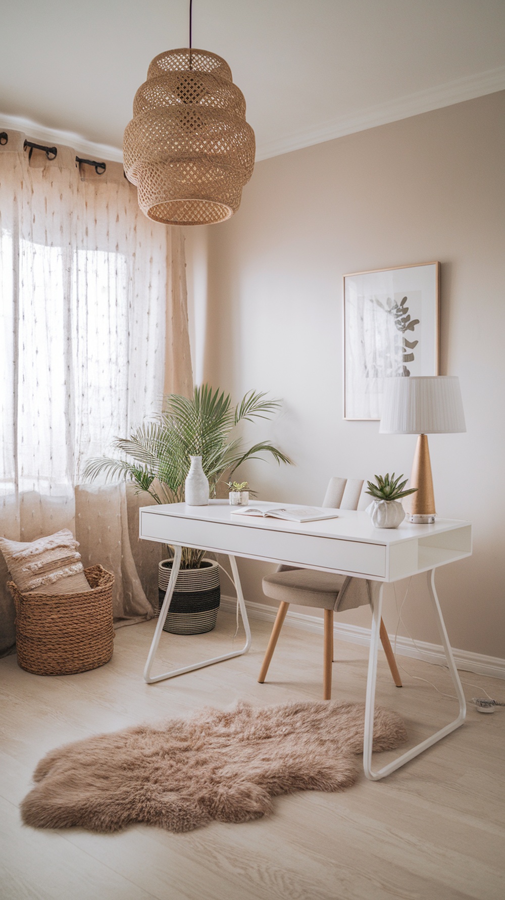 A stylish home office featuring a faux fur rug under a desk with a cozy atmosphere.