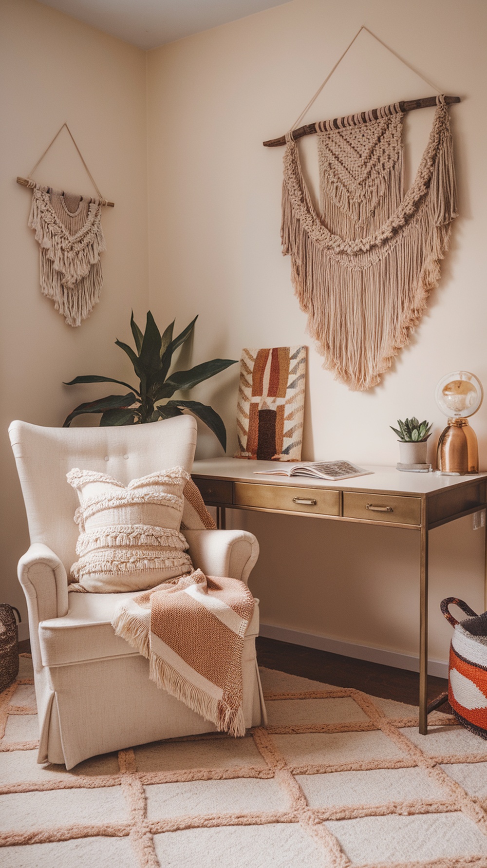 A cozy home office setup featuring a chair with pillows and a warm throw, enhancing texture and comfort.