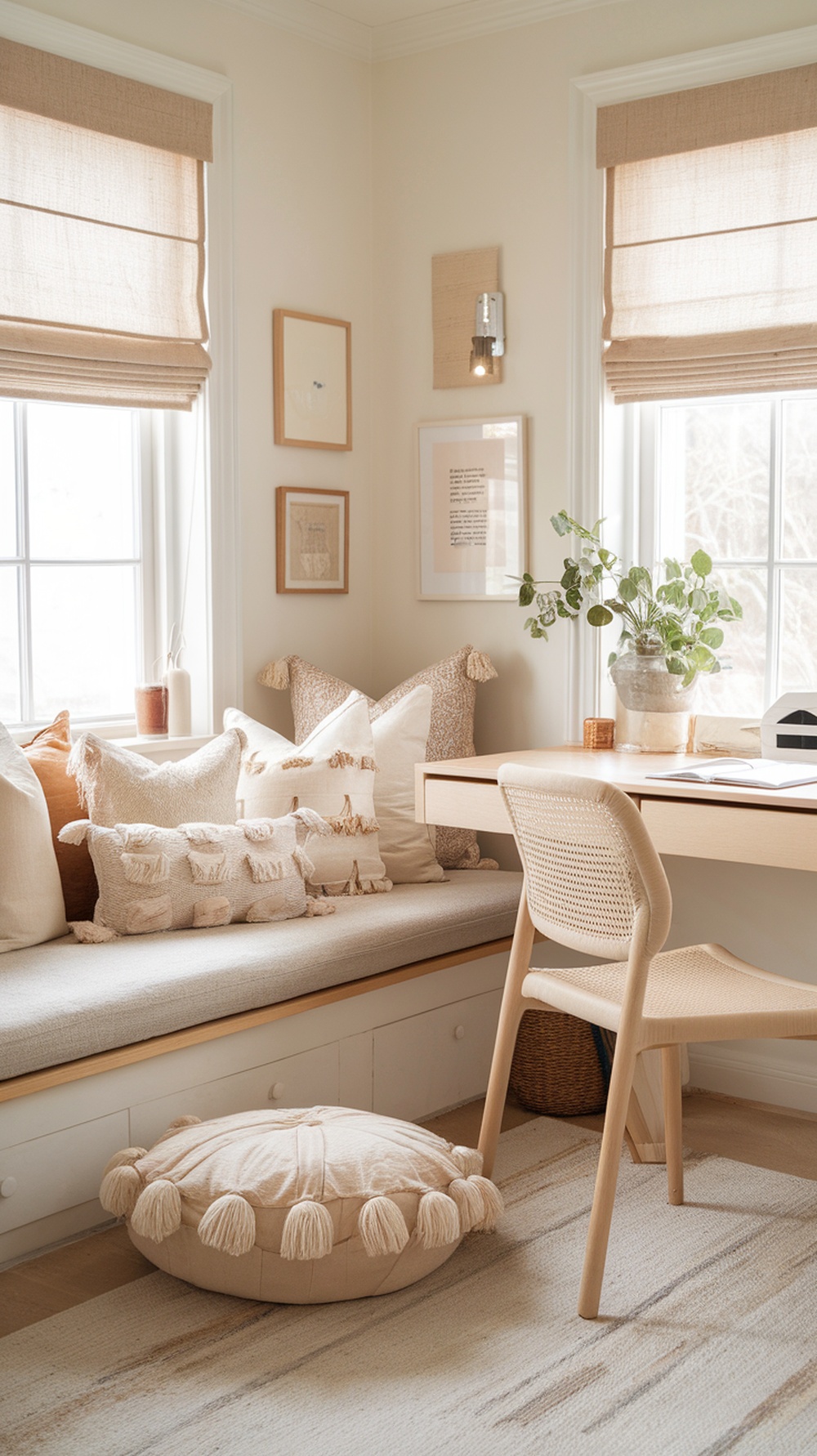 Cozy home office with layered throw pillows on a window seat, featuring soft colors and textures.