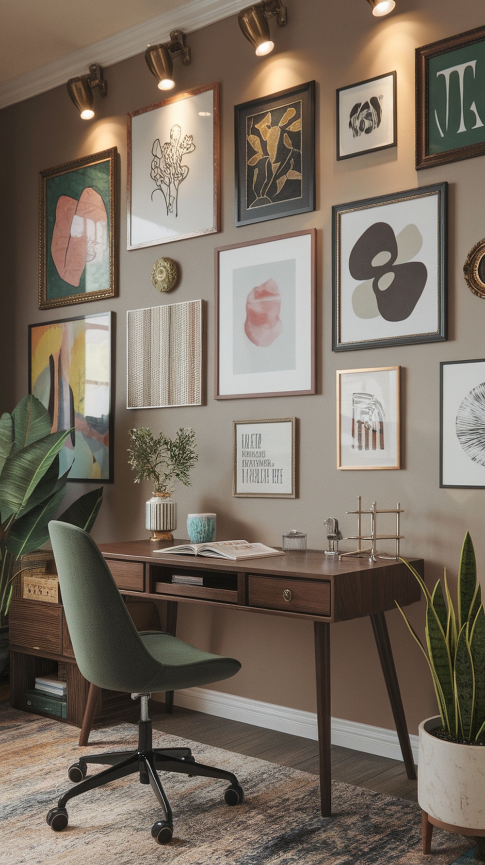 A cozy home office with a mini gallery wall displaying various framed artworks and photographs, a wooden desk, and a green chair.