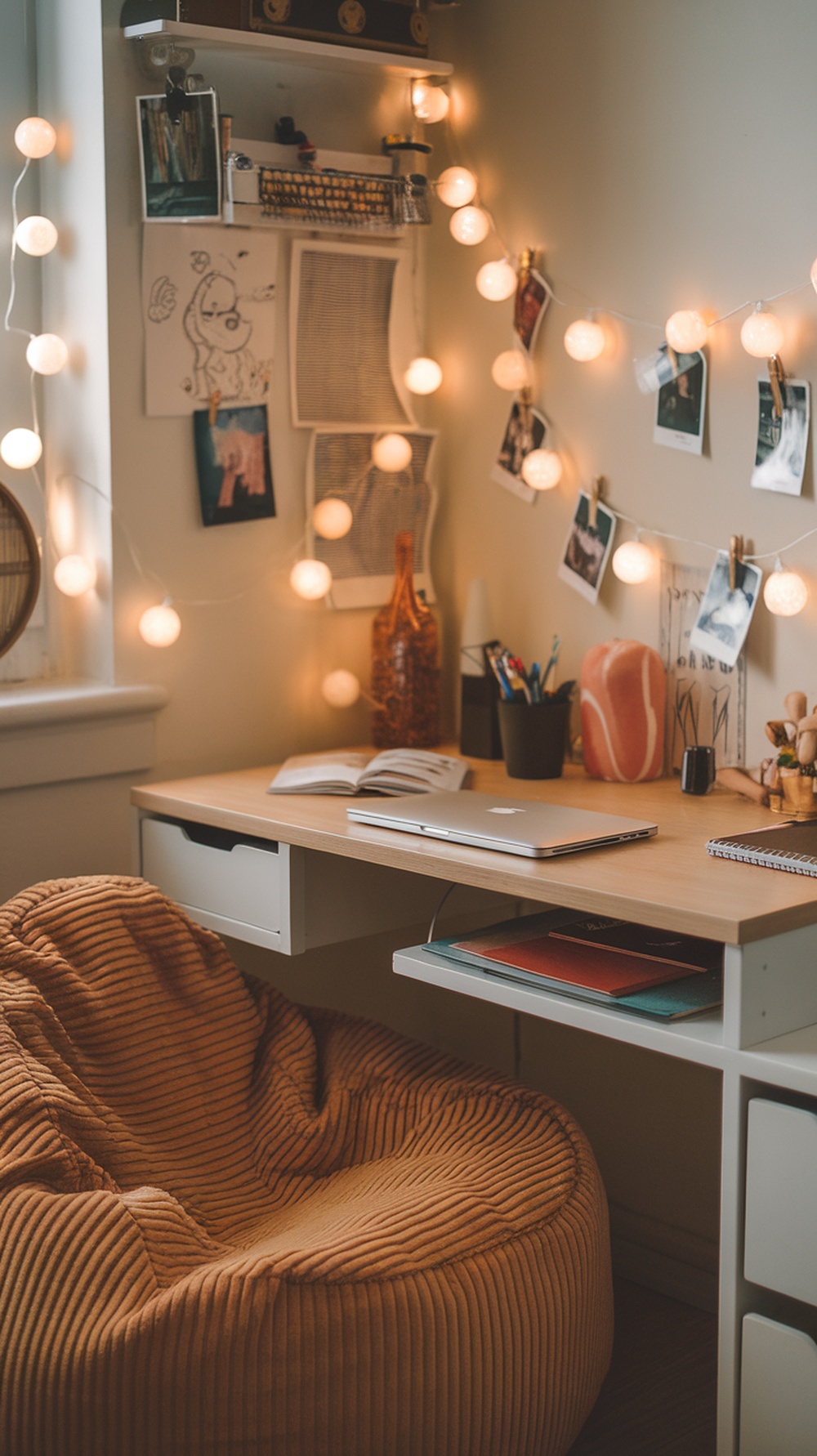 Cozy home office setup with fairy lights, Polaroids, and a bean bag chair