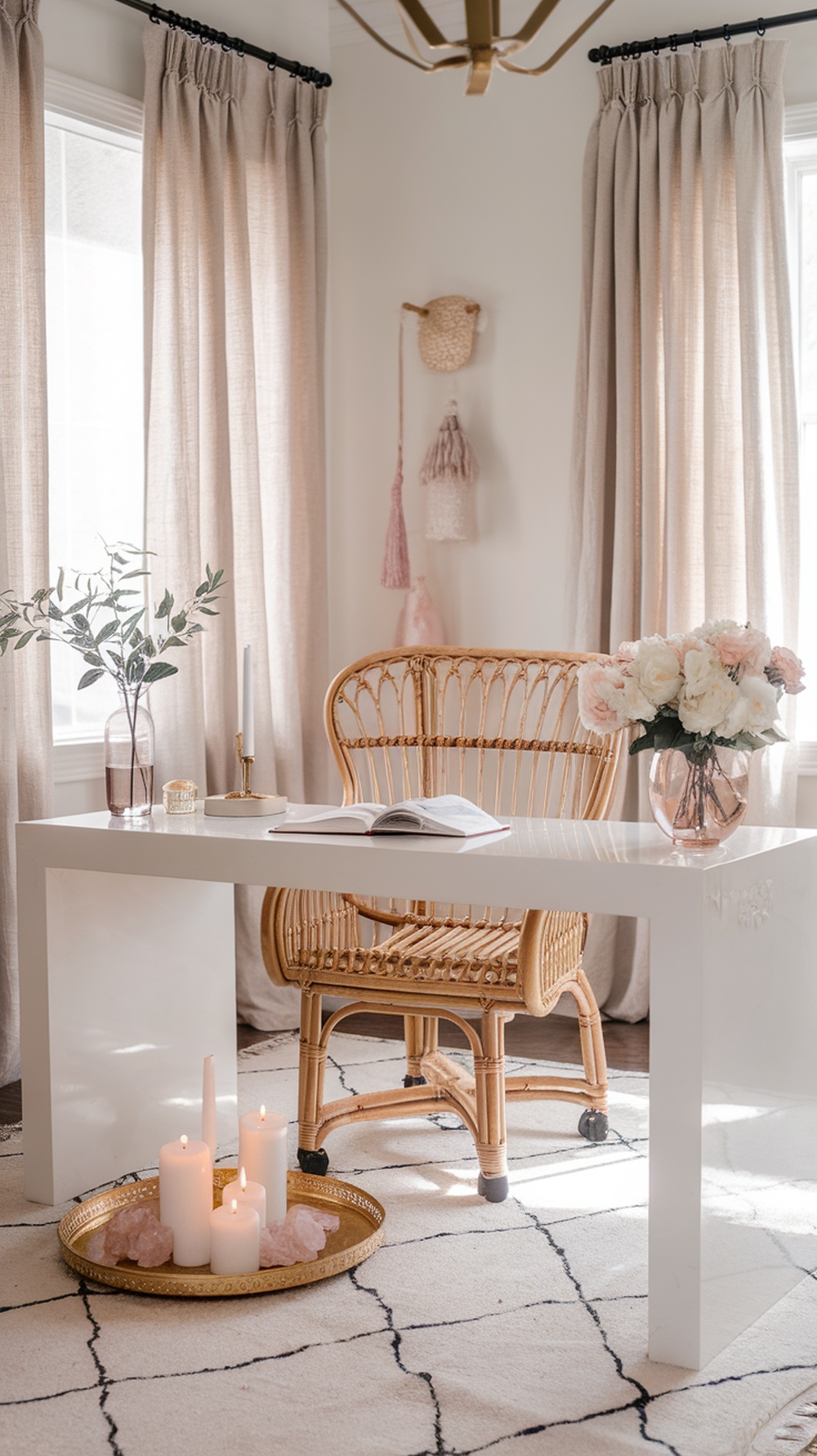 A stylish home office featuring a white desk, rattan chair, candles, and a crystal tray, creating an inviting workspace.