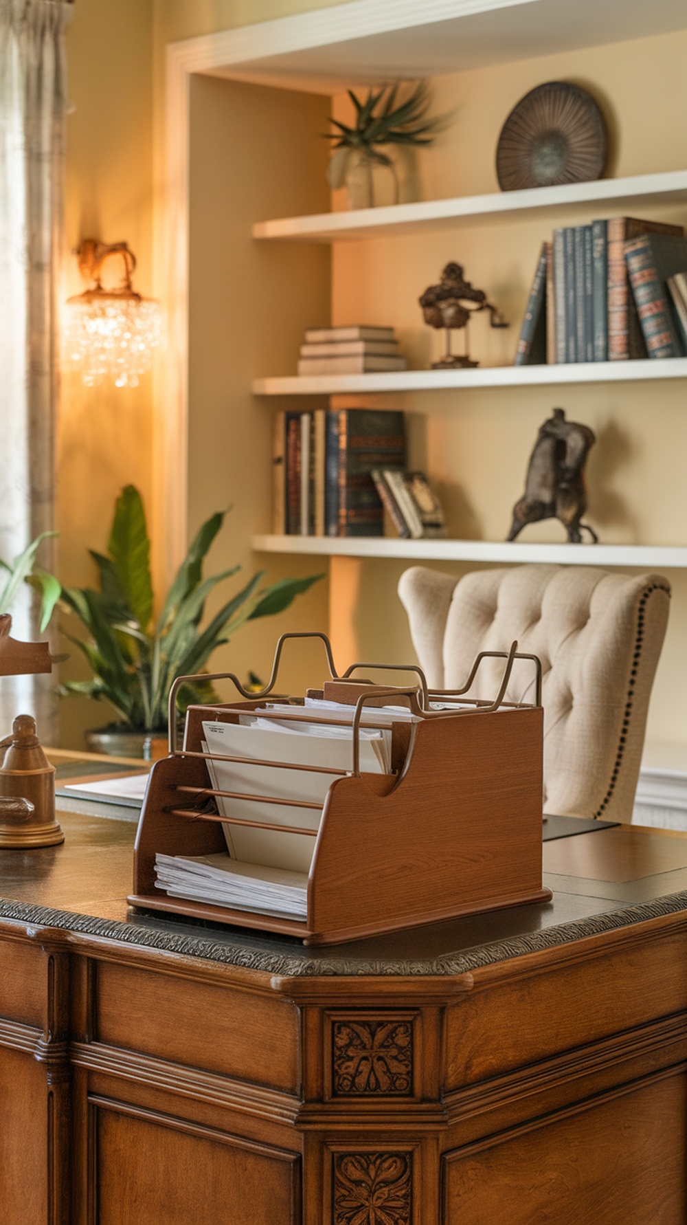 A wooden desktop file holder filled with papers on a polished desk.