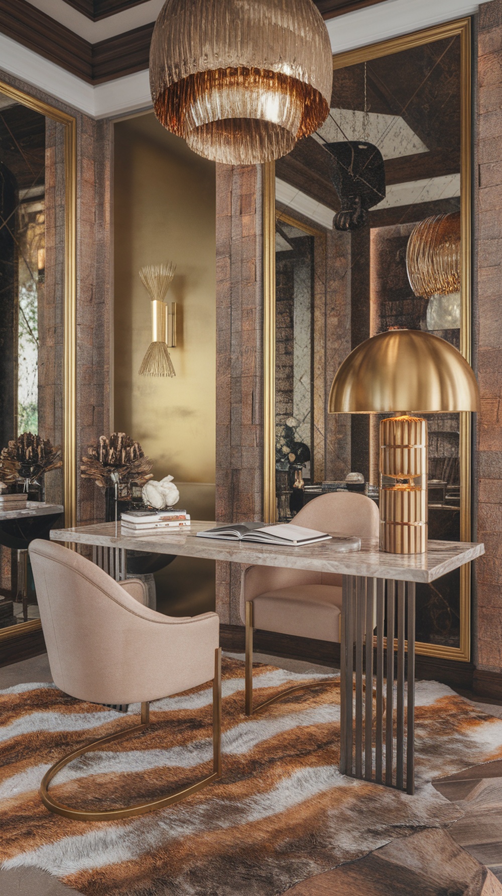 A stylish home office with a faux fur rug under a modern desk, reflecting elegance and comfort.