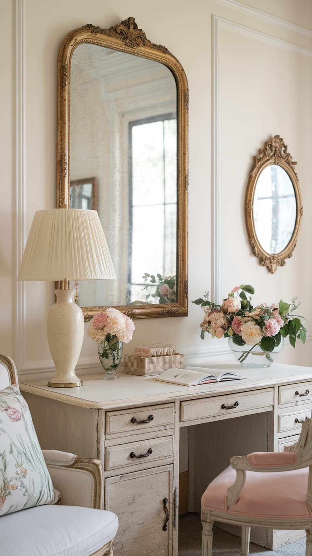 A stylish home office featuring a gold-framed mirror, a vintage desk, and decorative flowers.