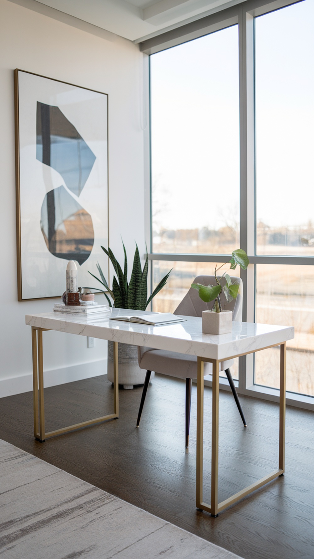 A stylish home office featuring a marble-top desk, a modern chair, and plants by large windows.