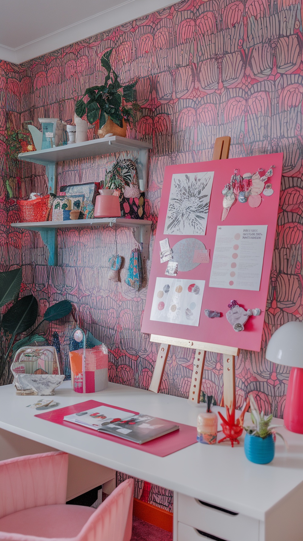 A colorful vision board on a gold easel in a feminine home office with vibrant decor.
