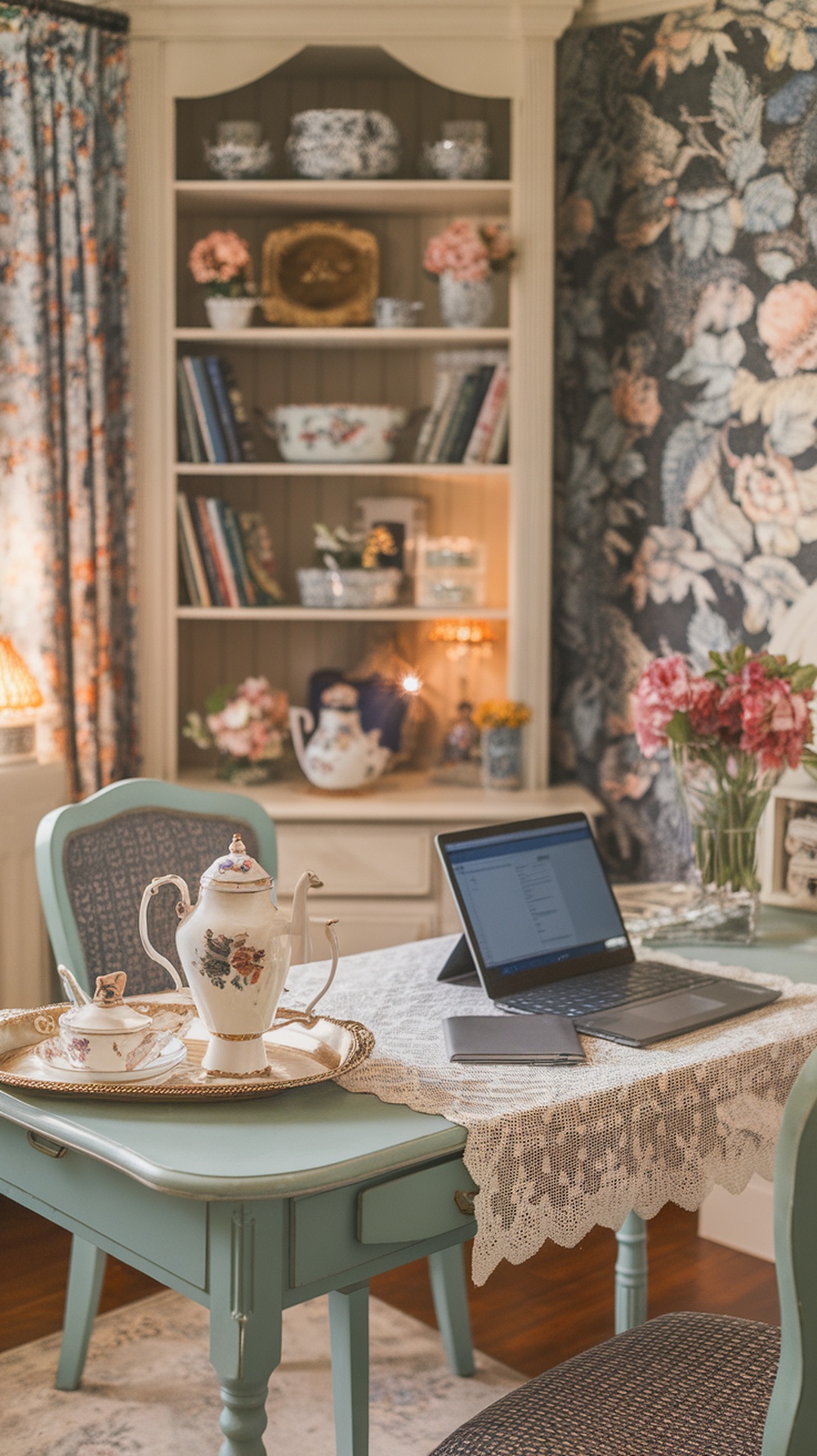 A cozy home office featuring a teal table with a tea tray, laptop, and flowers, evoking a period drama feel.