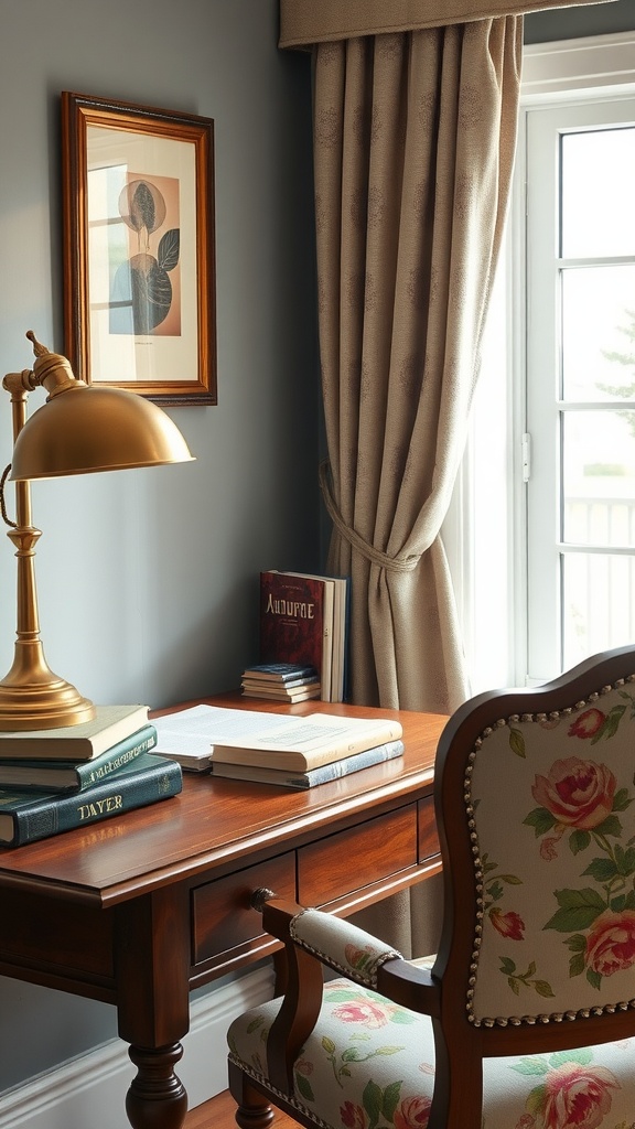 A cozy home office corner featuring a plush armchair, a vintage lamp, and a stack of books with a globe in the background.