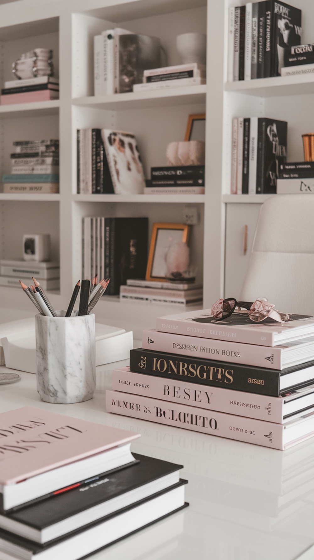 Stylish home office with stacked fashion books on a desk