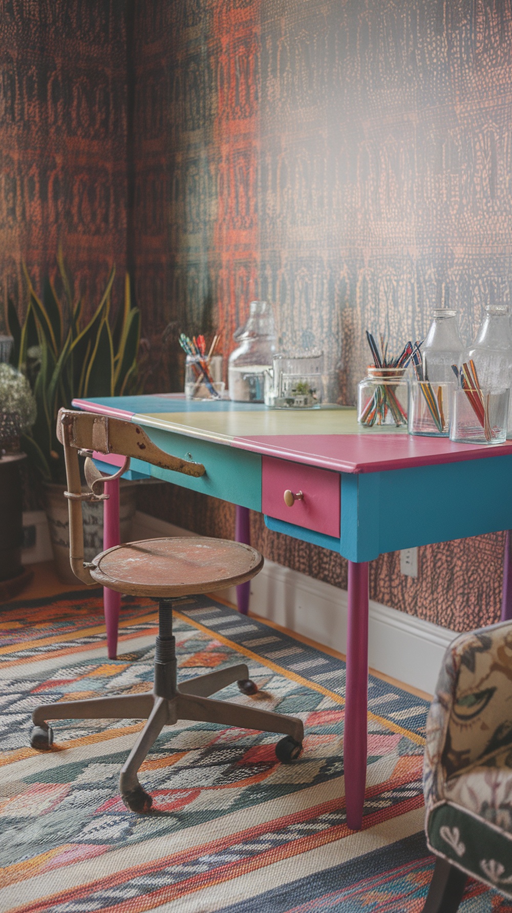 Colorful desk with jars filled with stationery items