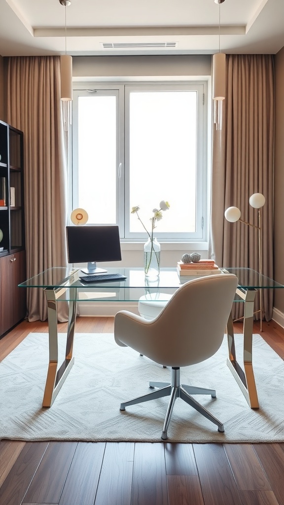 A stylish glass-top desk with minimal accessories, featuring a flower in a vase and an open notebook, creating a chic workspace.