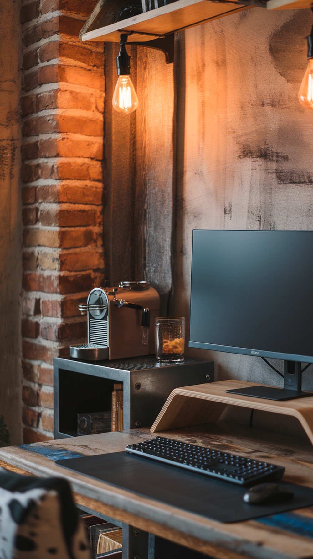 A cozy home office setup featuring an espresso machine next to a monitor, with warm lighting and a rustic feel.