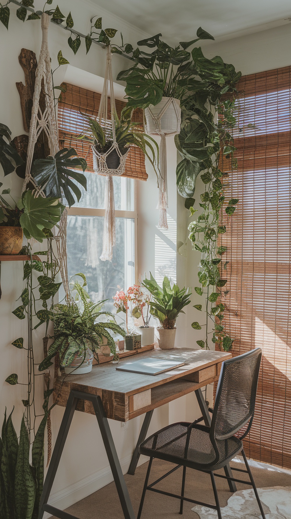 Cozy home office corner filled with various plants, a wooden desk, and a chair by the window