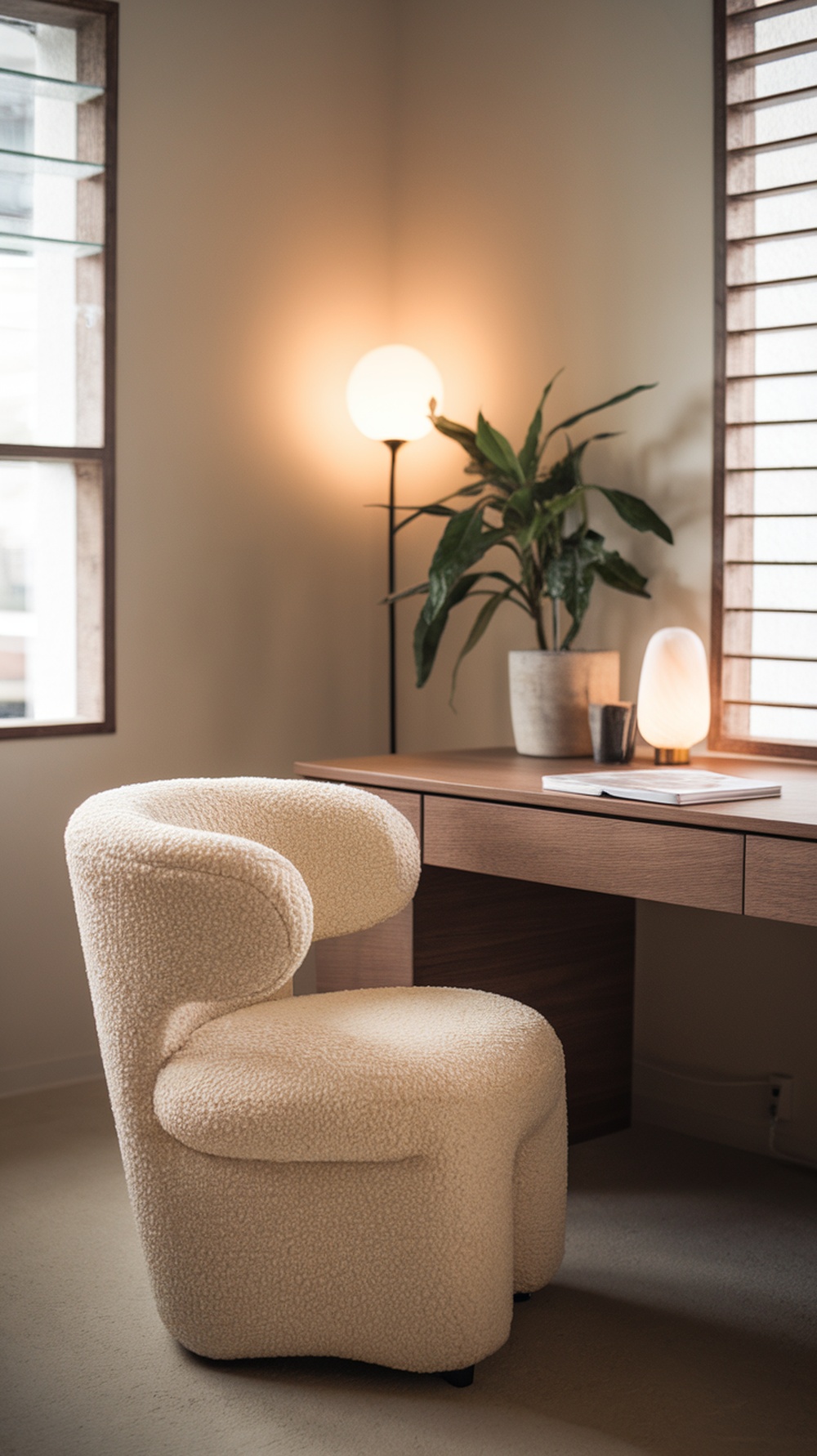 A cozy, modern office chair with a soft texture and rounded design, placed in a well-lit home office.