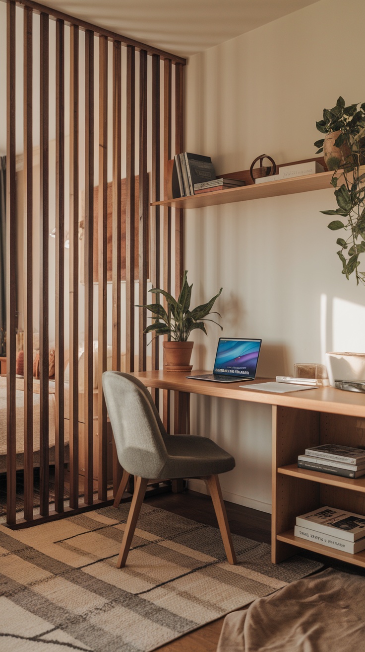 A serene home office with a wooden room divider and a desk overlooking nature.