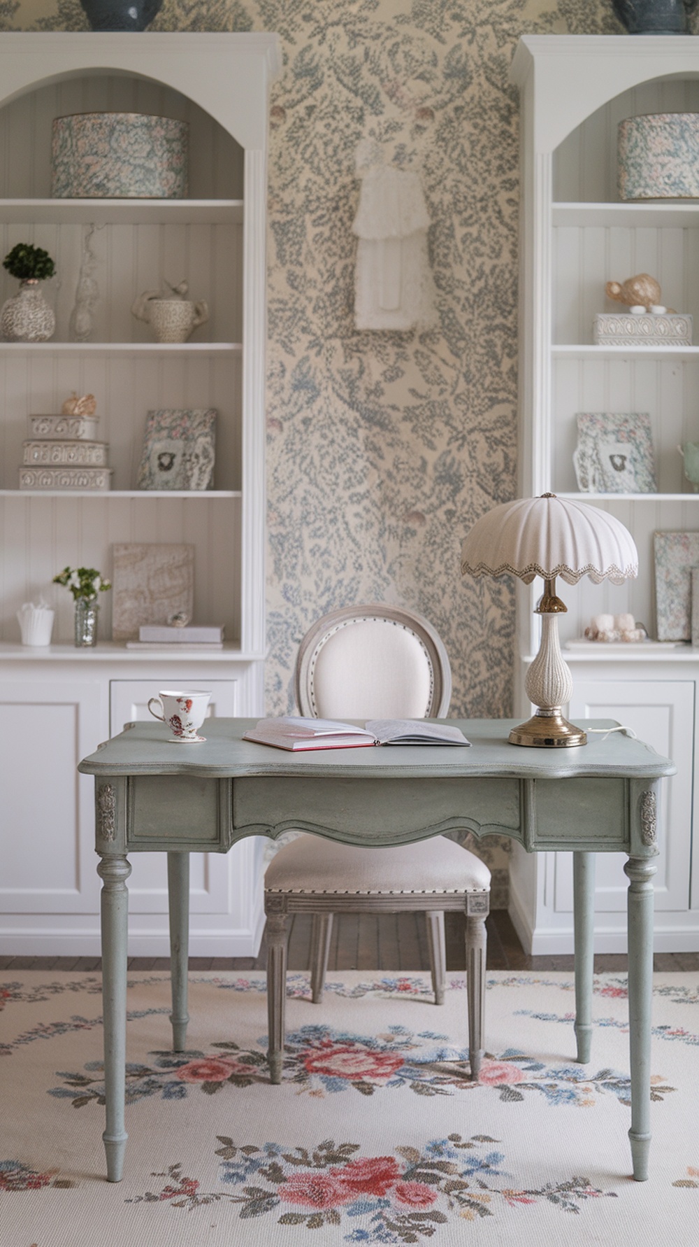 A feminine home office with a scalloped-edge desk lamp, vintage desk, and floral decor