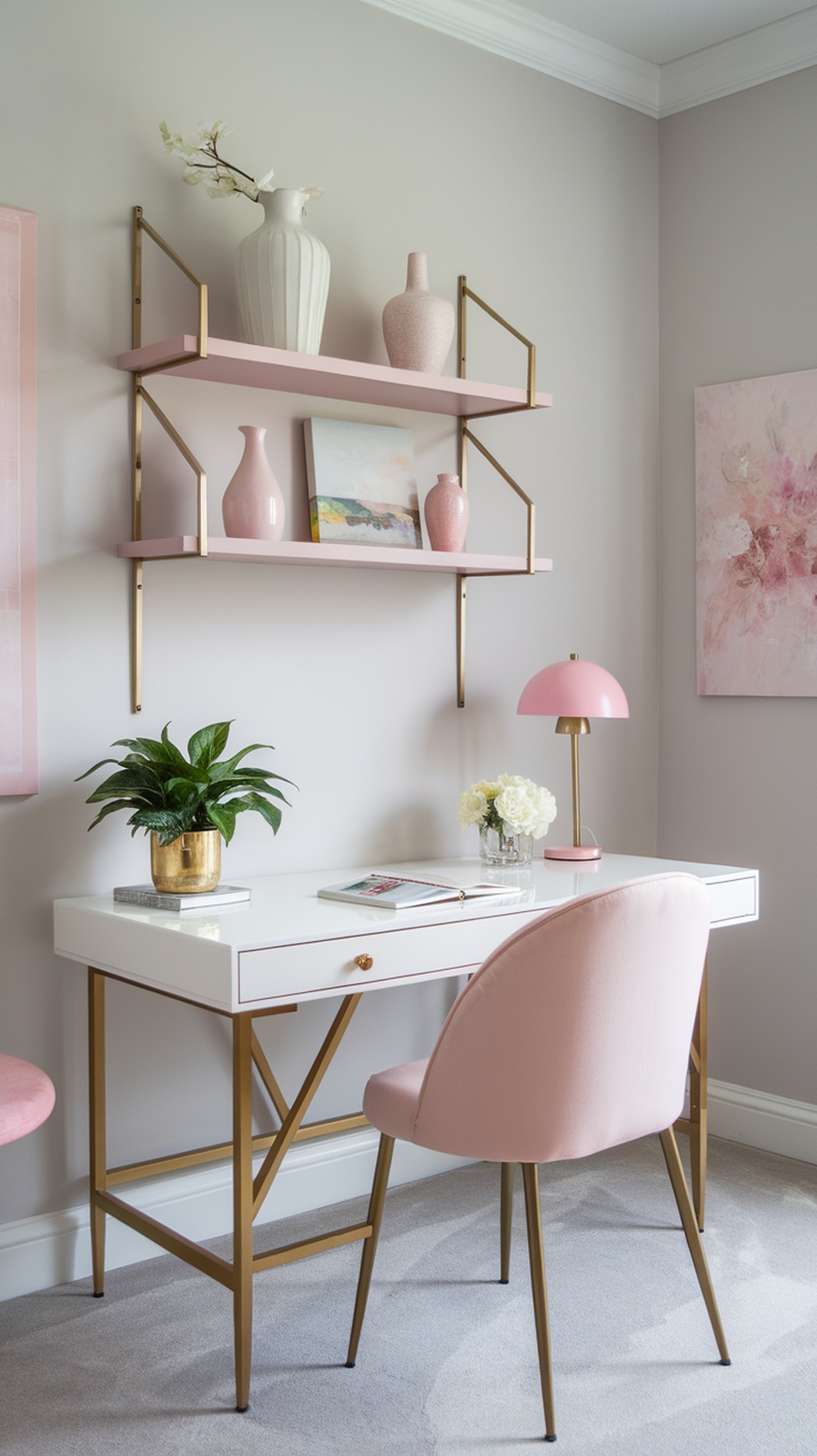 A chic white writing desk with gold legs, paired with a pink chair, in a stylish home office setting.