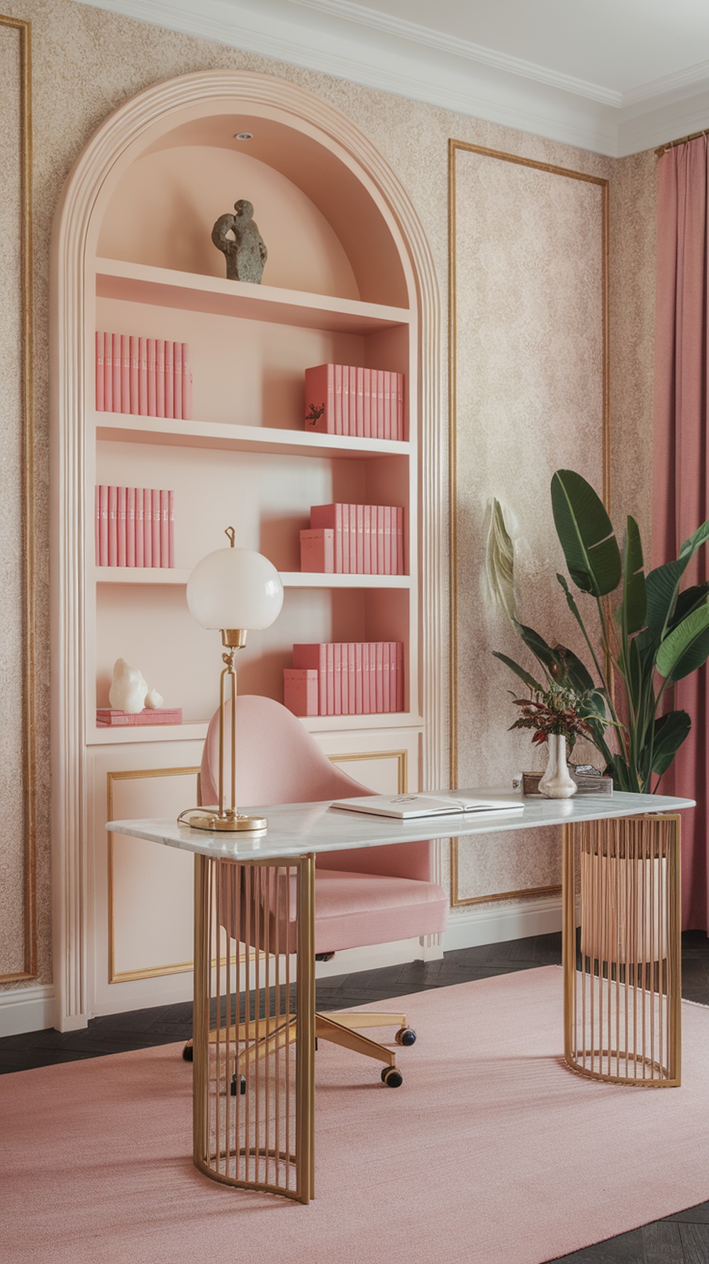 A feminine home office featuring an arched bookshelf, a pink chair, and elegant decor.