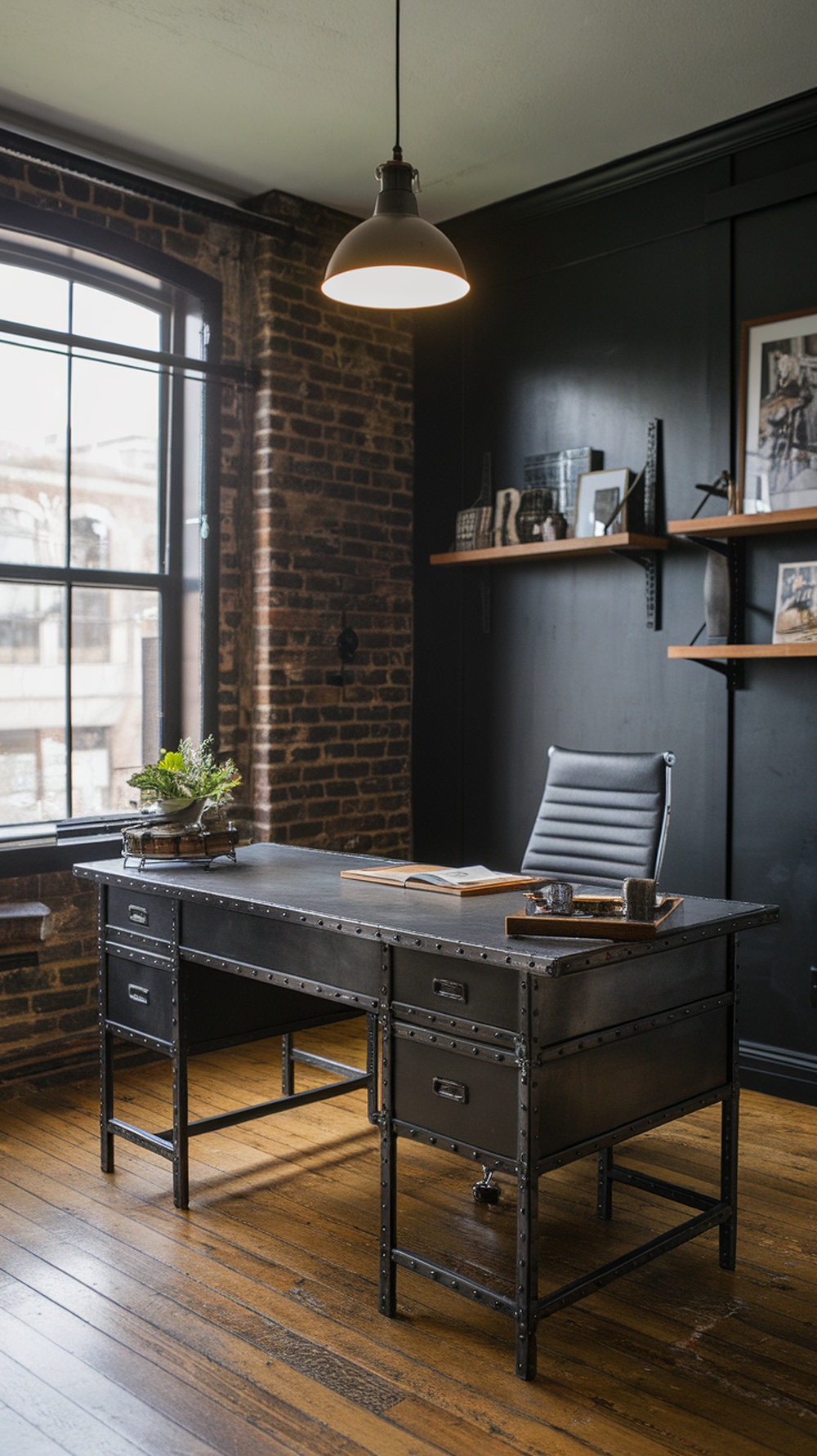 A stylish home office with dark walls, a vintage desk, and wooden flooring