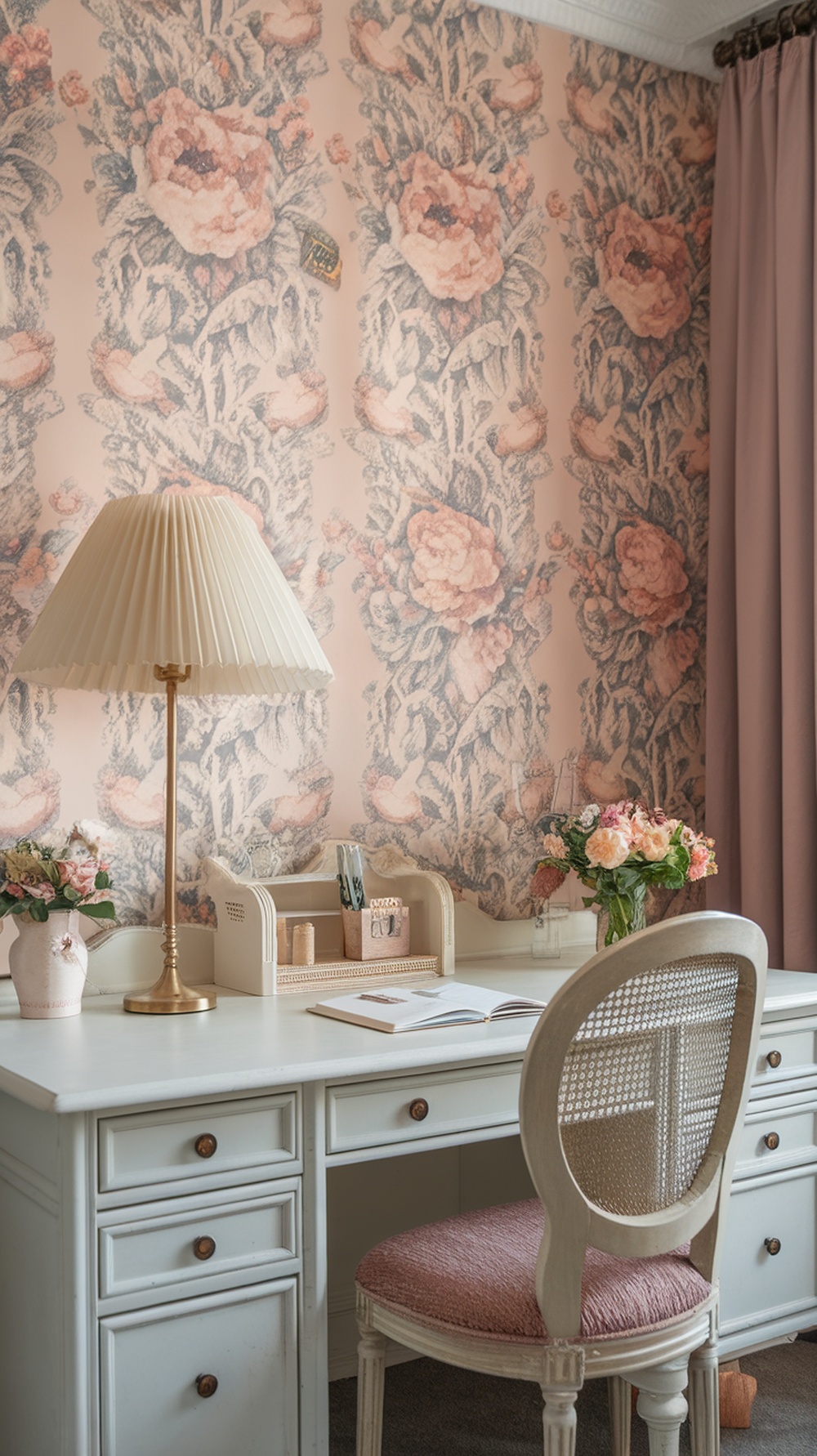 A feminine home office with floral wallpaper, a white desk, pink chair, and a brass lamp.