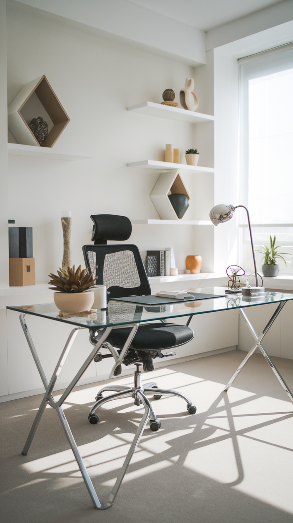 A modern home office featuring a glass desk with chrome legs, a black ergonomic chair, and minimalist decor on shelves.