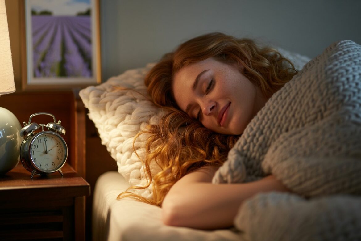 A young woman in pajamas lying flat in bed with the lights dimmed, eyes closed