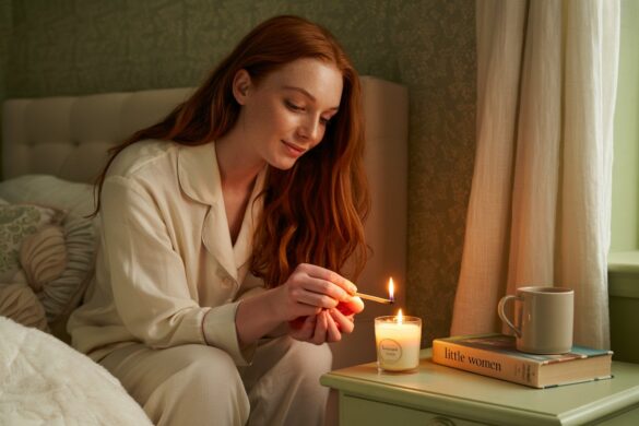 A young woman winding down for the night in a softly lit bedroom
