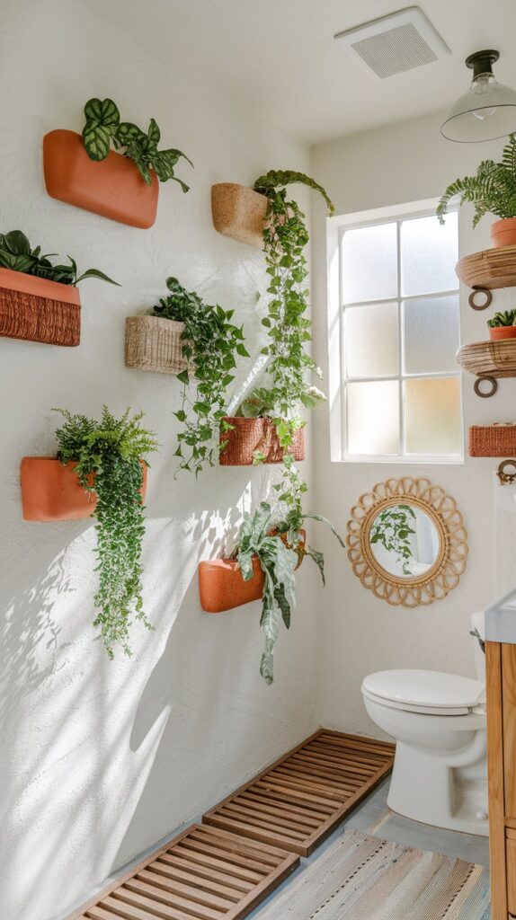 A photo of a biophilic bathroom with white walls. The walls are adorned with wall-mounted planters in terracotta, matte ceramic, and woven textures. The planters hold cascading greenery such as pothos, string of hearts, and ferns, creating a lush vertical garden effect. Natural wood accents, including a slatted bath mat, rattan mirror, and floating shelves, add to the earthy atmosphere. Sunlight streams through a frosted window, casting soft shadows on the textured wall. The bathroom contains a vanity, a toilet, a shower area, a floor rug, and a recessed ceiling with a pendant light.