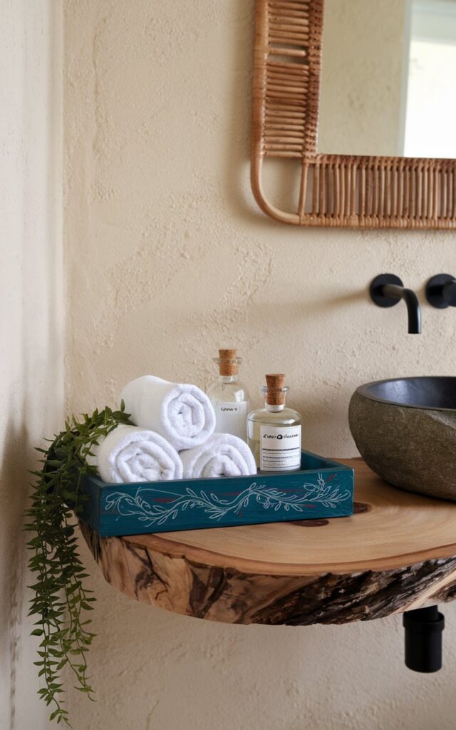 A photo of a boho minimalistic bathroom vanity with a single handpainted wooden tray. The tray holds neatly rolled white towels, a few glass scent bottles with brass or cork stoppers, and a small trailing plant like a pothos or fern. The vanity is a natural wood slab with a stone vessel sink. The background is textured cream walls, and there is a rattan-framed mirror above the vanity.
