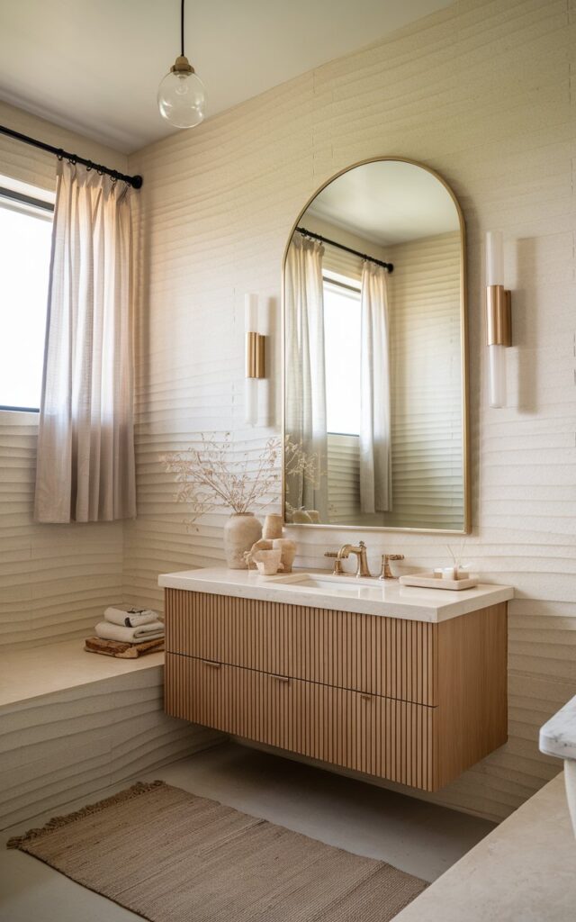 A photo of a luxe bathroom with a California coastal aesthetic. The walls are lined with warm sand and soft ivory tiles with a wavy textured finish. A floating oak vanity with fluted details is placed beneath a large arched mirror with a champagne gold frame. The space is accessorized with creamy textiles, minimalist coastal decor, and subtle stone elements. Matte gold fixtures and ambient lighting enhance the laid-back luxury feel. The ceiling has a hanging pendant light, and the floor has a rug. The windows are curtained.