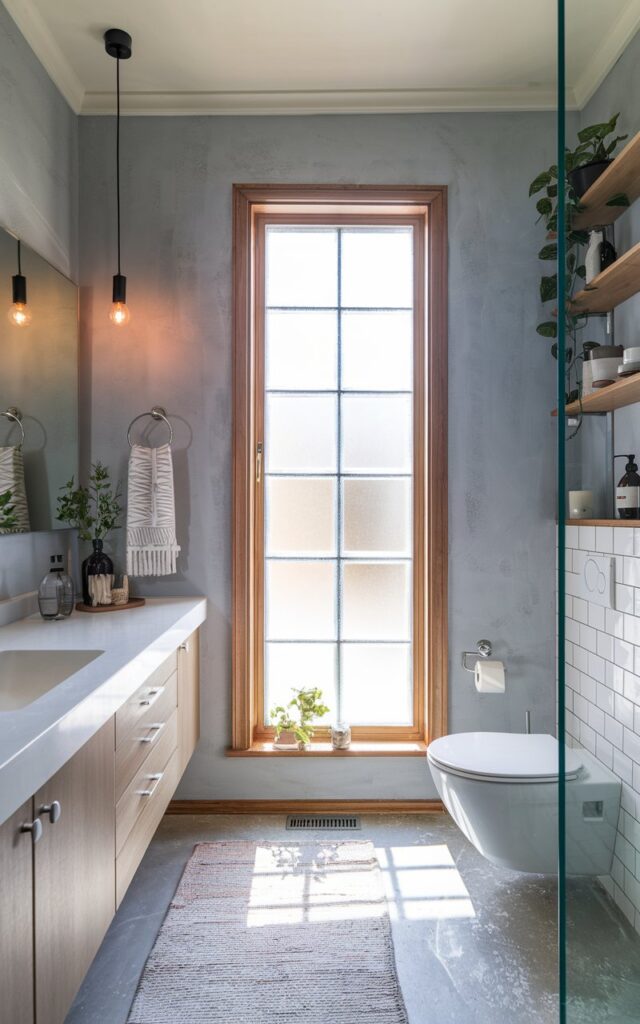 A photo of a European chic minimalistic bathroom with a frosted window glass that provides privacy while allowing soft natural light to diffuse gently into the space. The window has wood trim. The walls are painted in cool neutrals—soft greys with textured finishes. Clean-lined fixtures in polished chrome add a modern touch. Minimal decorative elements keep the focus on the airy, light-filled atmosphere. The space has a vanity, a toilet, a shower area, wood accents, floor rug, pendant lights (Warm light on), a few plants, and open shelves with essentials.