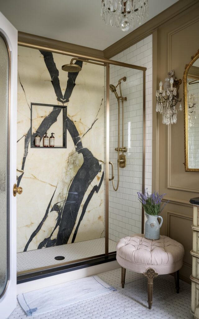 A photo of a French country-inspired bathroom with a glamorous twist. There is a walk-in shower with a recessed niche accented by a bold, high-contrast marble slab. The dramatic veining of the marble—rich charcoal swirls on a creamy base—adds opulence against soft white subway-tiled walls. The shower includes elegant gold fixtures with vintage detailing and a curved glass enclosure framed in brushed brass. Outside the shower, the room showcases antique-style wall paneling in warm greige, a gilded mirror, and a delicate chandelier with crystal accents. A tufted linen stool and fresh lavender in a ceramic jug complete the romantic yet elevated aesthetic.