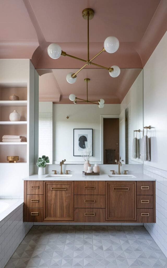 A photo of a mid-century modern bathroom with a bold yet elegant aesthetic. The ceiling is painted in a muted pastel dusty pink, creating a soft contrast against crisp white walls and warm wooden cabinetry. A sculptural mid-century style chandelier with brass arms and globe bulbs hangs from the center, drawing the eye upward and adding a retro-luxe touch. The vanity features clean lines, walnut wood tones, and a white countertop, paired with brushed brass fixtures. A large mirror anchors the space, while geometric patterned floor tiles in neutral shades add visual rhythm. The room includes built-in shelving with folded towels, a few ceramic decor pieces, and a framed abstract print. A combination of natural and ambient lighting completes the polished, cohesive look.