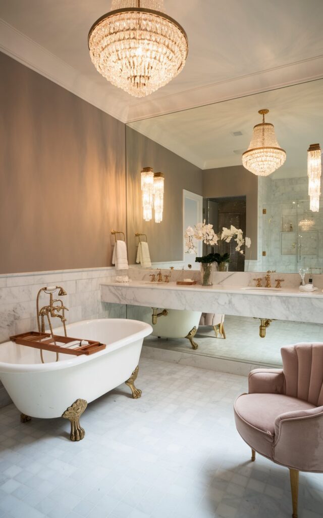 A Hollywood glam bathroom painted in elegant soft taupe, creating a warm and sophisticated backdrop. Glossy marble countertop and gold-accented fixtures add opulence, while a crystal chandelier (warm light on) hangs above a freestanding clawfoot tub. Plush velvet seating and mirrored surfaces reflect ambient lighting, enhancing the luxurious yet understated vibe. Soft taupe walls balance the glam elements perfectly, making the space feel both inviting and effortlessly chic.