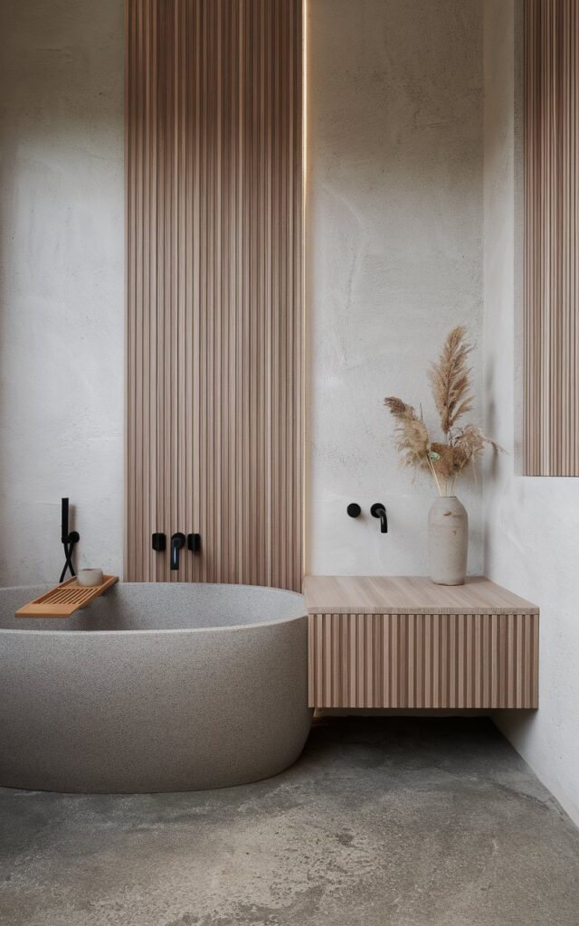 A photo of a Japandi minimalistic bathroom with a sleek, polished concrete floor that replaces the traditional bath mat. The space features a freestanding soaking tub with a wood or bamboo bath tray, a floating ash wood vanity, and a matte black wall-mounted faucet. The walls are a blend of light-toned wood slats and smooth plaster, creating soft, organic contrast. A single ceramic vase with dried pampas or a sprig of greenery rests on the vanity. The overall palette is neutral and grounded, reflecting the serene simplicity and warm minimalism of Japandi design. Natural light is soft, ambient.