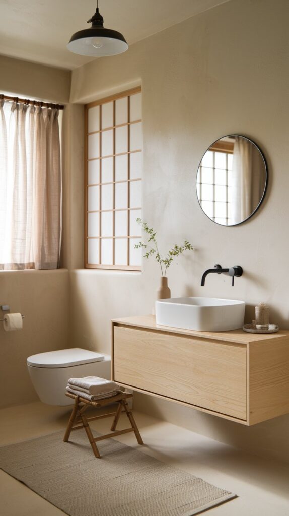 A photo of a Japandi-style bathroom with a soft, neutral palette of warm beige and light wood tones. The bathroom features a sleek, white ceramic sink mounted on a light oak floating vanity with clean lines and no visible hardware. The sink is equipped with a matte black wall-mounted faucet. A small round mirror is placed above the basin. A bamboo stool and a linen hand towel are placed near the sink. A single sprig of greenery in a ceramic bud vase is also placed near the sink. The walls are finished in smooth plaster, and light filters softly through shoji-style window panels. The bathroom also has a toilet, curtained window, floor rug, and ceiling pendant light.