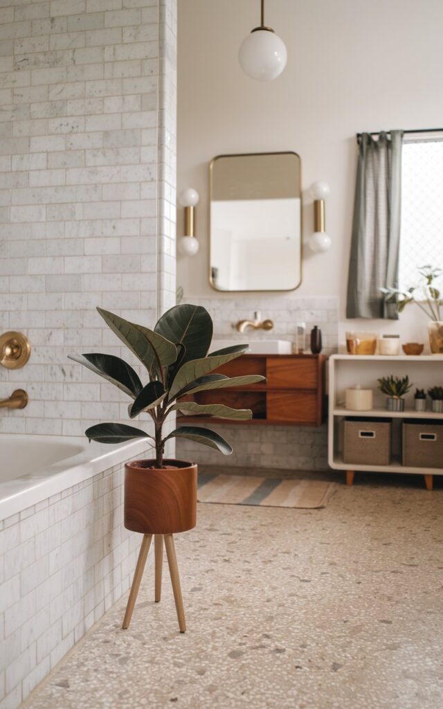 A photo of a mid-century modern full bathroom with a clean, functional layout. In the corner beside the bathtub, a small tripod-legged plant stand with a pot in natural wood holds a small lush rubber plant with broad leaves. The plant adds a pop of deep green to the space, complementing the warm wood tones of the floating vanity and the brass accents from the mirror sconces. The backdrop features a terrazzo tile floor, marble tiled walls, and a minimalist globe pendant light above. The overall look is airy, curated, and stylishly organic. The bathroom is furnished with an open shelf, floor rug, storage baskets, curtained window, etc. Natural light is soft, ambient.