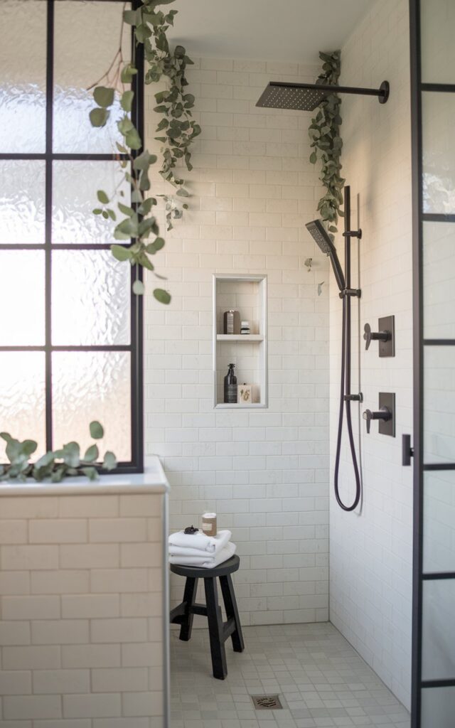 A photo of a modern chic bathroom with a small half wall. There's a sleek rainfall showerhead adorned with fresh eucalyptus sprigs hanging delicately. Soft natural light filters in through frosted glass windows, highlighting clean white tiles and matte black fixtures. The shower area has recessed shelving with LED light, a stool with a towel, etc. The minimalist design with subtle greenery accents creates a calming spa atmosphere.