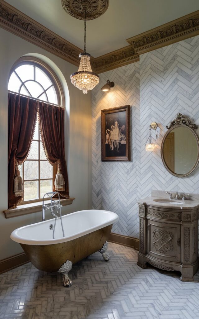A photo of a Victorian-inspired bathroom with a clawfoot tub and a herringbone marble tile accent wall. The room has a tall, arched window with velvet curtains and a vintage chandelier. There's a carved wood vanity with a marble top near the tub. A Victorian-era art piece is framed on the wall and has a spotlight. The room has ornate crown molding and a decorative ceiling medallion.