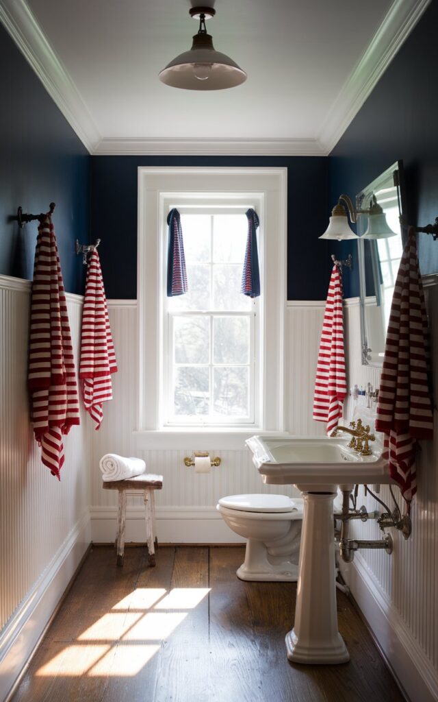 A photo of a bathroom with deep navy blue walls and crisp white beadboard wainscoting, embodying classic Americana charm. Red and white striped towels hang neatly beside vintage brass fixtures and a porcelain pedestal sink. Nautical-themed decor like rope accents and star motifs subtly enhance the patriotic vibe. Warm hardwood floors and natural light streaming through a mullioned window complete this timeless, inviting space. The ceiling has a pendant light.