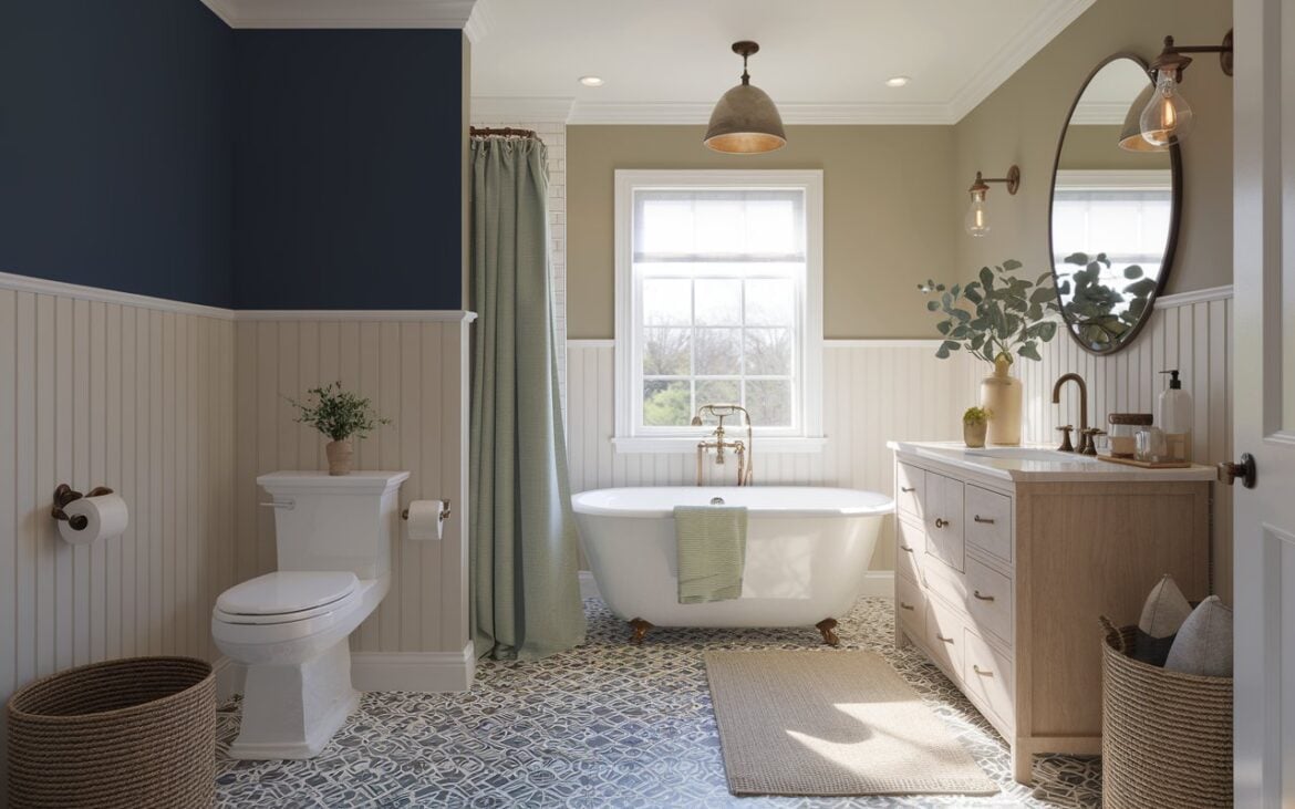 A photo of a beautifully layered bathroom showcasing a curated palette of timeless paint colors—from classic white and soft gray to sage green and navy. One wall is painted a rich navy blue with beadboard paneling, while adjacent walls blend soft taupe and creamy almond tones. A white freestanding tub sits on patterned black-and-white tile flooring, surrounded by accents like a light oak vanity, brass fixtures, and a round vintage mirror. Woven baskets, eucalyptus in a ceramic vase, and a soft linen shower curtain add warmth. Natural light filters through a farmhouse-style window, casting a glow on the harmonious mix of modern and traditional elements. The space feels balanced, inviting, and effortlessly enduring. The bathroom has a toilet, floor rug, recessed ceiling with pendant light (Warm light on). Natural light is soft, ambient.