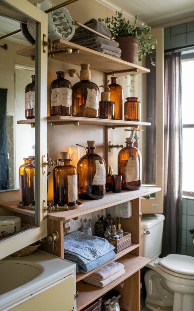 A photo of a vintage bathroom with an open shelf. The shelf is made of natural wood and has brass fixtures. There are amber glass jars and bottles in varying shapes and sizes on the shelf. Some bottles have aged paper labels with faded text, and others are topped with rustic cork stoppers. The shelf also holds folded towels, a plant, and decor. The bathroom has a vanity, a toilet, and a curtained window.