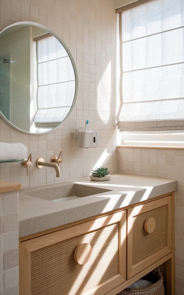 A photo of a breezy California coastal bathroom with crisp beige tiled walls, light oak accents, and touches of soft seafoam blue. Mounted above the vanity with a minimalist round mirror, a sleek wall-mounted toothbrush station in matte white seamlessly holds electric toothbrushes and a built-in tumbler. The vanity below features a stone countertop with brushed nickel fixtures, while woven textures and a tiny succulent add organic warmth. Sunlight filters through a sheer linen shade, casting soft shadows across the space. The vibe is fresh, uncluttered, and effortlessly relaxed.