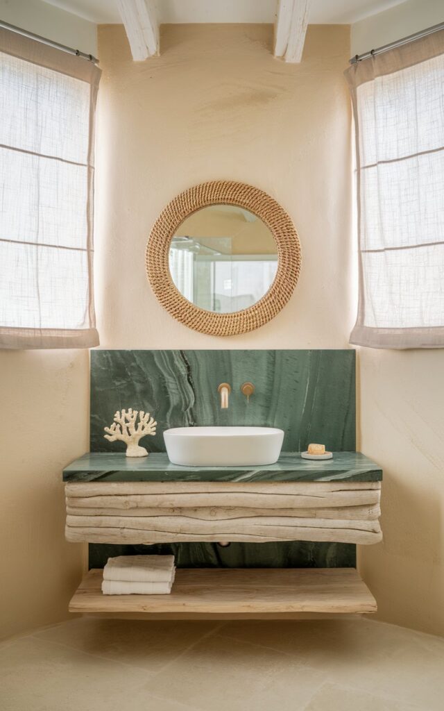 A photo of a coastal chic bathroom with a green marble slab backsplash and a minimalist floating vanity. The vanity is made of light driftwood and has a sleek white vessel sink and brushed nickel fixtures. Above the vanity, there is a round mirror with a woven rattan frame. The walls are pale sand-colored. The bathroom has a coral-inspired décor element. The space has linen-draped windows that let in soft natural light.