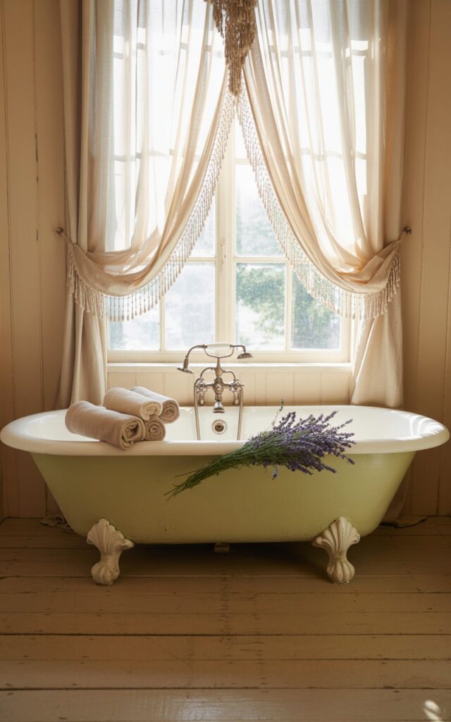 A photograph of a vintage clawfoot tub nestled within a bright French country bathroom. The tub, painted a soft ivory, sits centered beneath a window draped with delicate white lace curtains and café-style drapes, allowing sunlight to gently illuminate the cream-colored walls and rustic wooden floors. A scattering of fresh lavender sprigs rests on the edge of the tub, alongside a stack of rolled linen towels, while a porcelain pedestal sink with antique brass faucets sits just out of view. Soft, diffused natural light fills the room, creating a warm and inviting atmosphere with subtle shadows and a sense of timeless elegance.