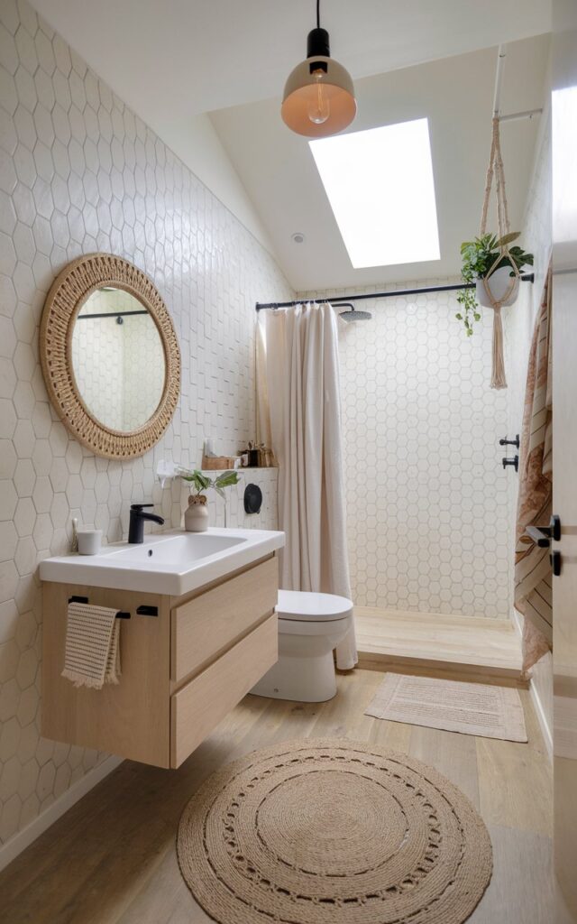 A photo of a bright and airy Scandi bathroom with a soft Boho touch. The bathroom has light-colored hexagon-shaped tiles in shades of ivory and pale beige, covering the walls for a clean, luminous effect. The space includes a minimalist floating vanity in light wood, a round mirror with a woven rattan frame, and matte black fixtures for contrast. Boho details, such as a patterned jute rug and a hanging macramé planter, add warmth and personality. The bathroom has a toilet, shower area, and a curtained window. A skylight bathes the space in natural light, enhancing the serene, effortlessly stylish blend of Scandinavian simplicity and Boho charm. The floor is wooden, and there is a recessed ceiling with a pendant light (Warm light on). The natural light is soft and ambient.