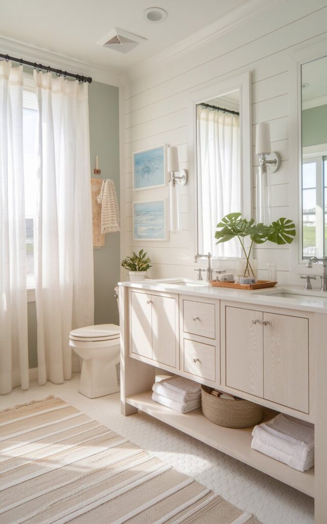 A photo of a bright and breezy bathroom painted in soft sand tones, with crisp white trim for clean contrast. The walls evoke sun-warmed beaches, while white shiplap detailing and coastal artwork bring laid-back elegance. A floating vanity in white oak complements the neutral palette, with brushed nickel fixtures adding a sleek modern touch. Light pours in through sheer curtains, highlighting sea glass accents, a textured rug, and fresh greenery. The mix of sand and white creates a relaxed, sun-kissed atmosphere that's effortlessly coastal and forever stylish.